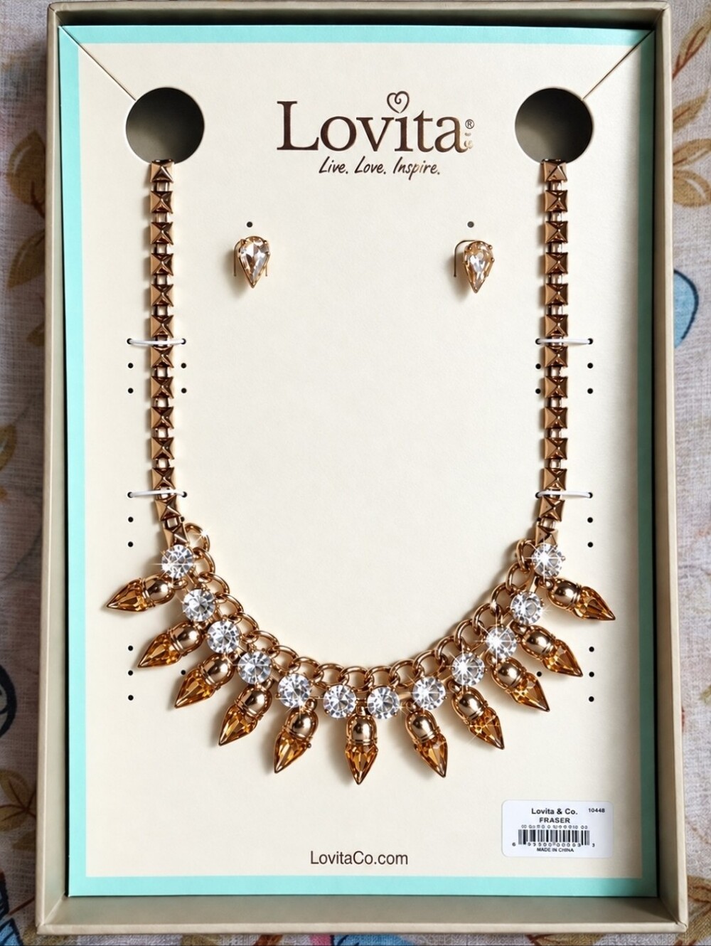 Lovita Co. Retired Bullet Point Crystal Rhinestone Golden Necklace Earrings NIB